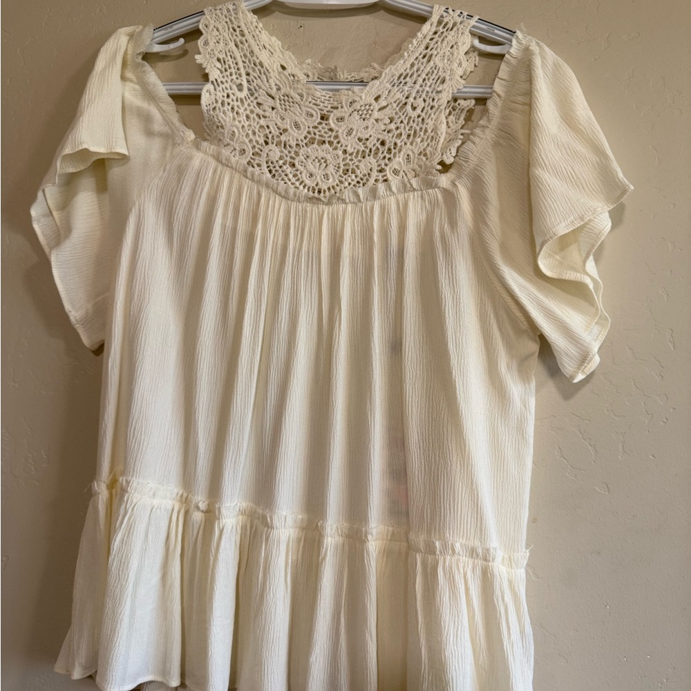 Elegant Ivory Lace Accent off the shoulder Blouse
